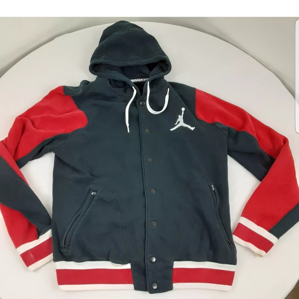 Jordan Brand Jacket Large Red Black Hoodie Jumpman Button Color Block Stripe